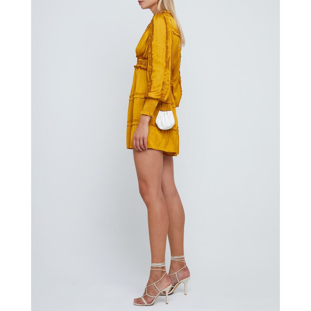 O.P.T. Feminine Modern Tianna Gold Pleated Ruffle Tiered Silky Mini Dress M - Picture 13 of 15